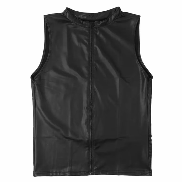 Mens Sexy Soft Leather Sleeveless Shirts Erotic Shaping Sheath Stretch Tank Top - Picture 3 of 4